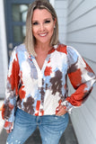 Satin Smudged Print Open Fold Top - Rust