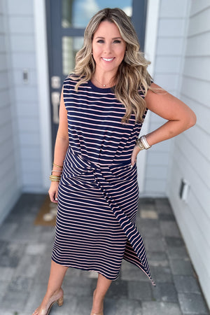 STRIPED TWISTED KNOT MIDI DRESS - Navy + Pink