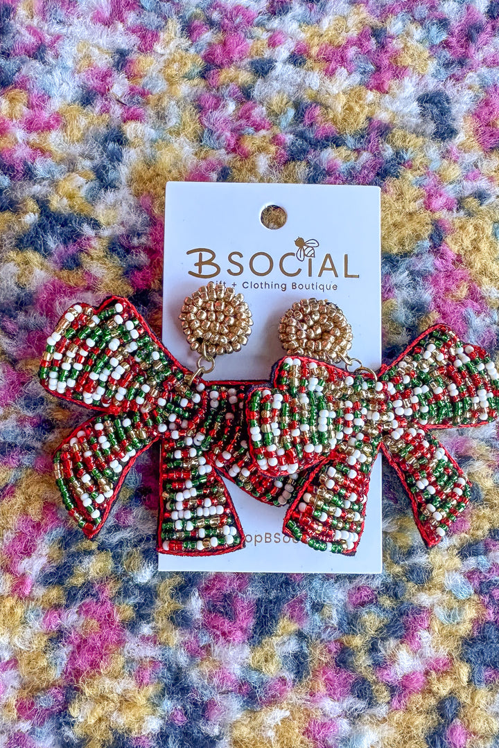Christmas Multi Beaded Bow Earrings