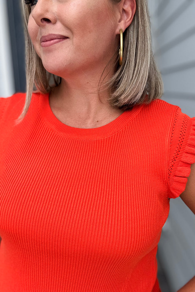 Ruffle Sleeve Knit Top - Coral Red