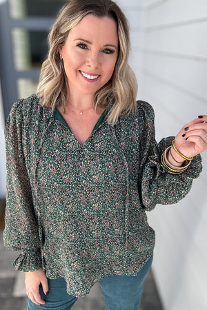 Floral Pleated Top-  Hunter Green
