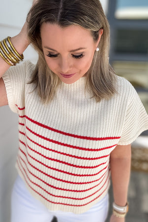 Nantucket Sweater Top - Cream + Red