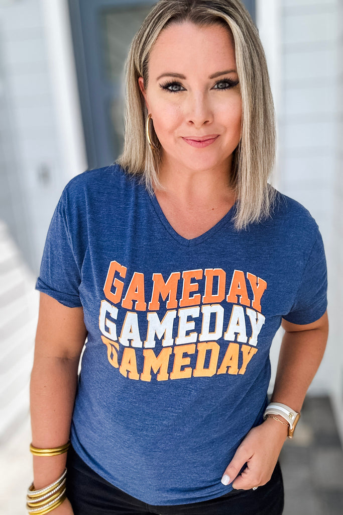 Blue + Orange Game Day Wave V-Neck T-Shirt
