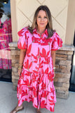 KARLIE: Pink Palm Floral Tier Midi Dress