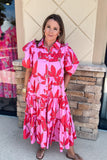 KARLIE: Pink Palm Floral Tier Midi Dress