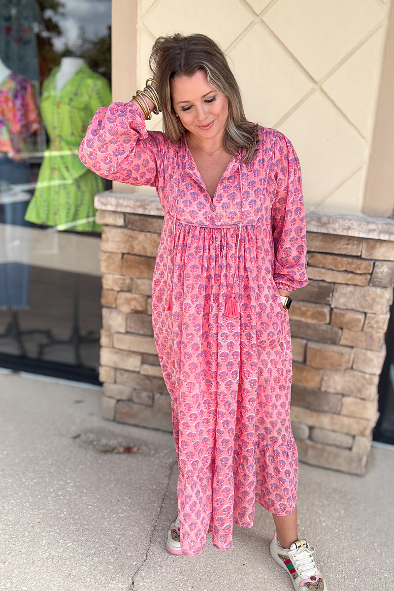 Pink Blockprint Midi Dress
