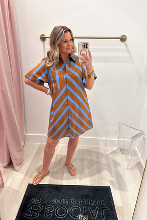 Stripe Into Fall Button Front Dress - Brown + Blue