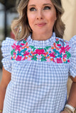 Gingham Embroidered Ruffle Top - Light Blue