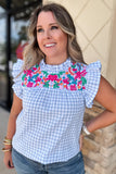 Gingham Embroidered Ruffle Top - Light Blue