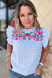 Gingham Embroidered Ruffle Top - Light Blue