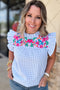 Gingham Embroidered Ruffle Top - Light Blue