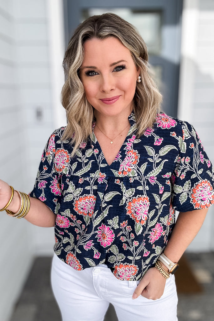THML: Navy Floral Puff Sleeve Blouse