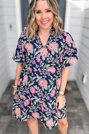 THML: Navy Floral Puff Sleeve Dress
