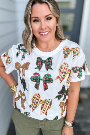 Queen Of Sparkles: White Scattered Plaid Bow Tee