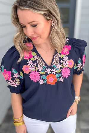 THML: Spring Leopard Embroidered  Blouse