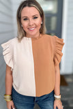 Colorblock Ruffled Shoulder Top - Taupe