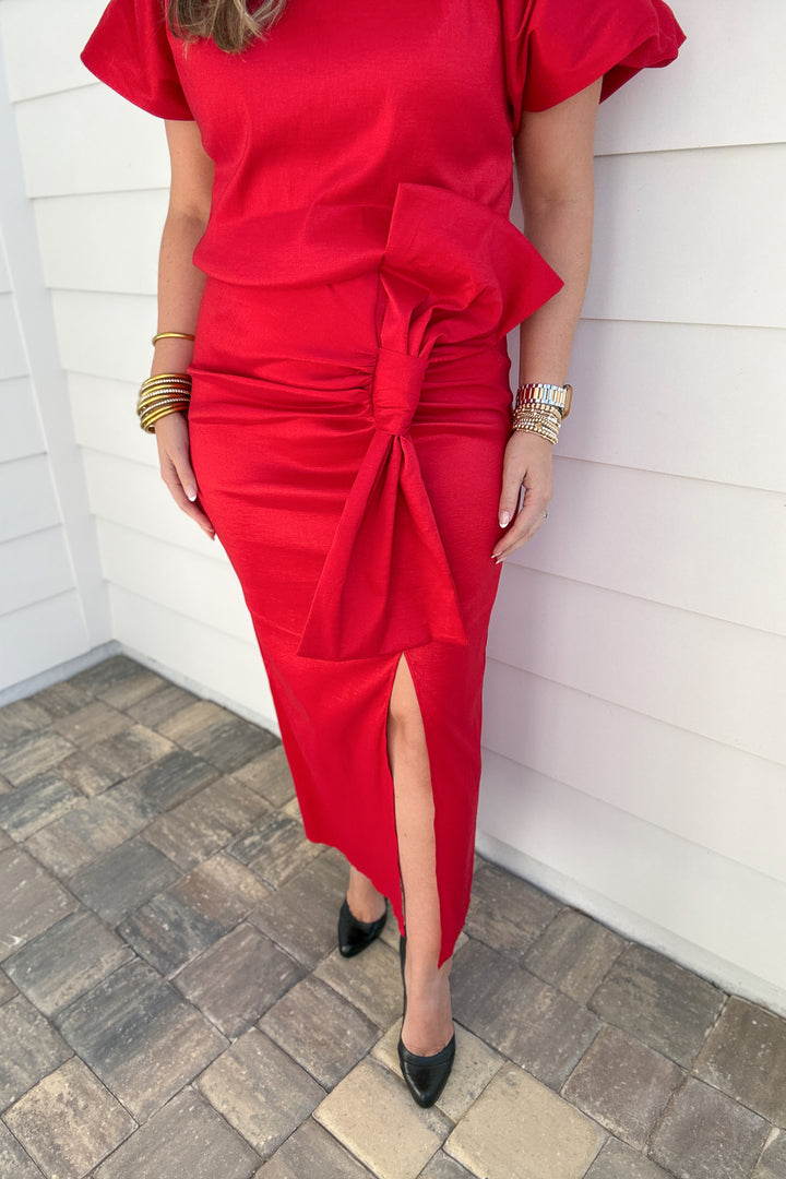 I Like Big Bows Stretch Taffeta Midi Skirt - Red