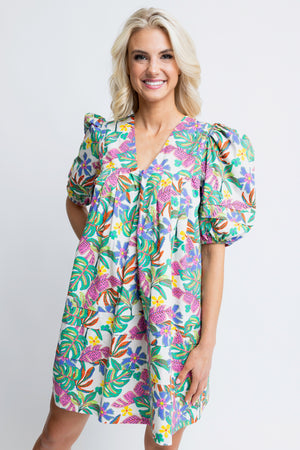 Karlie: Palm Multi Print Puff Sleeve Dress