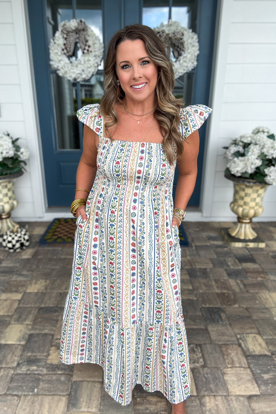 Karlie: French Cottage Floral Smock Maxi Dress - Olive