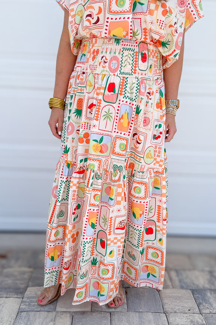 Karlie: Fruit Basket Smock Tier Maxi Skirt