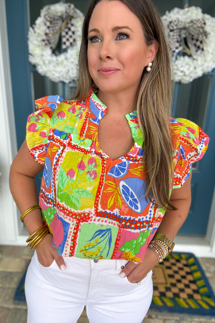 Karlie: Fruit Gauze V-neck Sleeveless Top