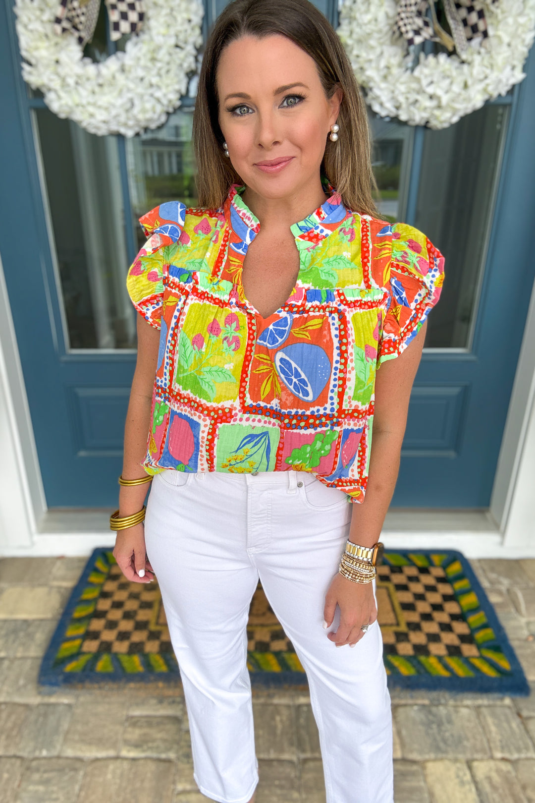 Karlie: Fruit Gauze V-neck Sleeveless Top