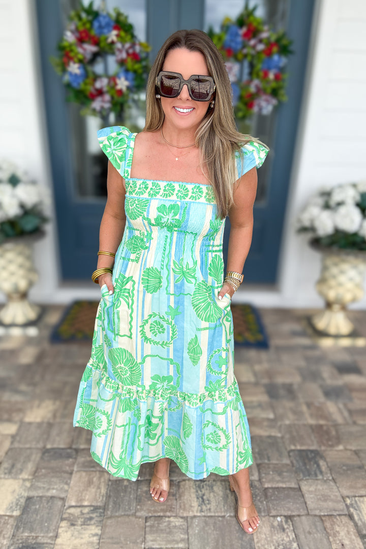 Karlie: Green Sea Shell Poplin Smock Maxi Dress