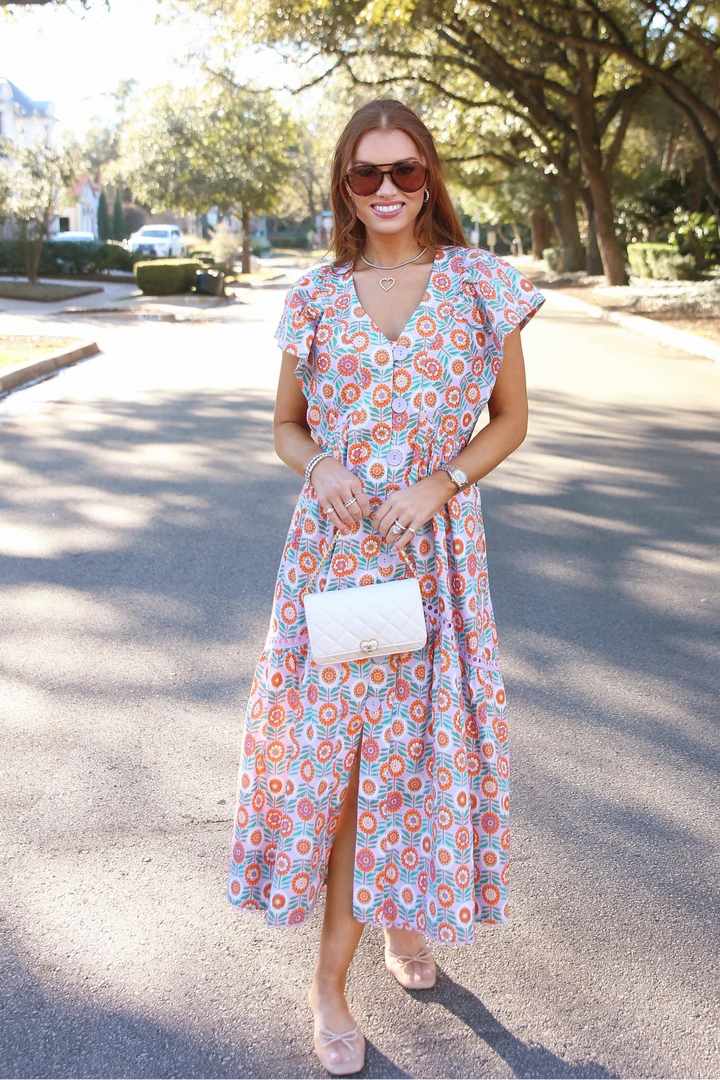 Karlie: Orange Grove Button Front Midi Dress - Lavender