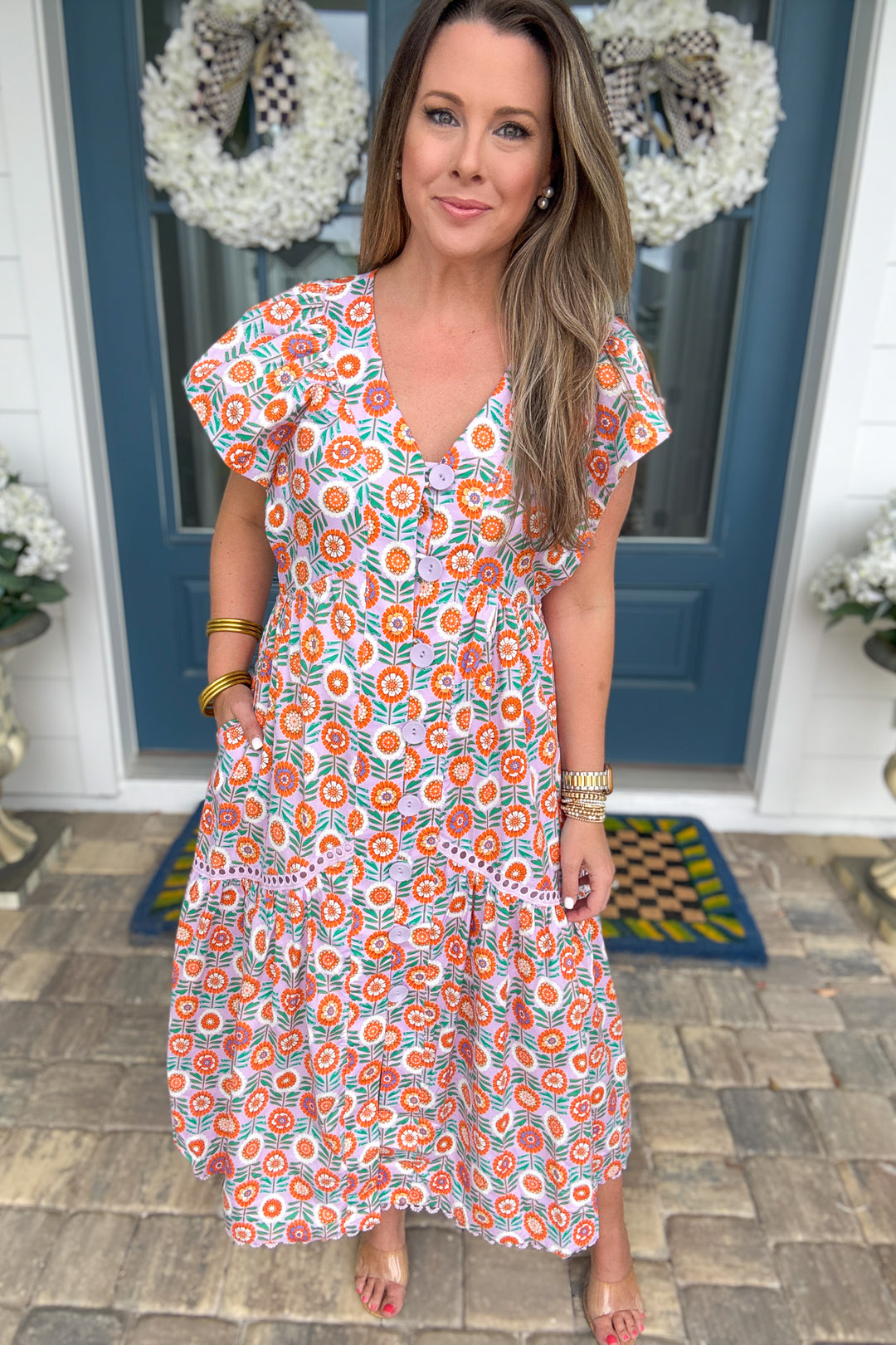 Karlie: Orange Grove Button Front Midi Dress - Lavender