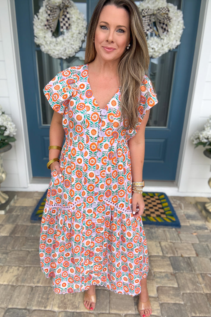 Karlie: Orange Grove Button Front Midi Dress - Lavender