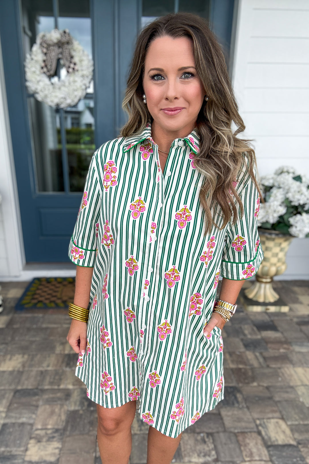 Karlie: Stripe Floral Shirt Dress Piping
