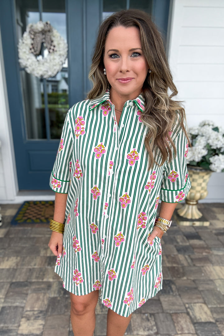 Karlie: Stripe Floral Shirt Dress Piping