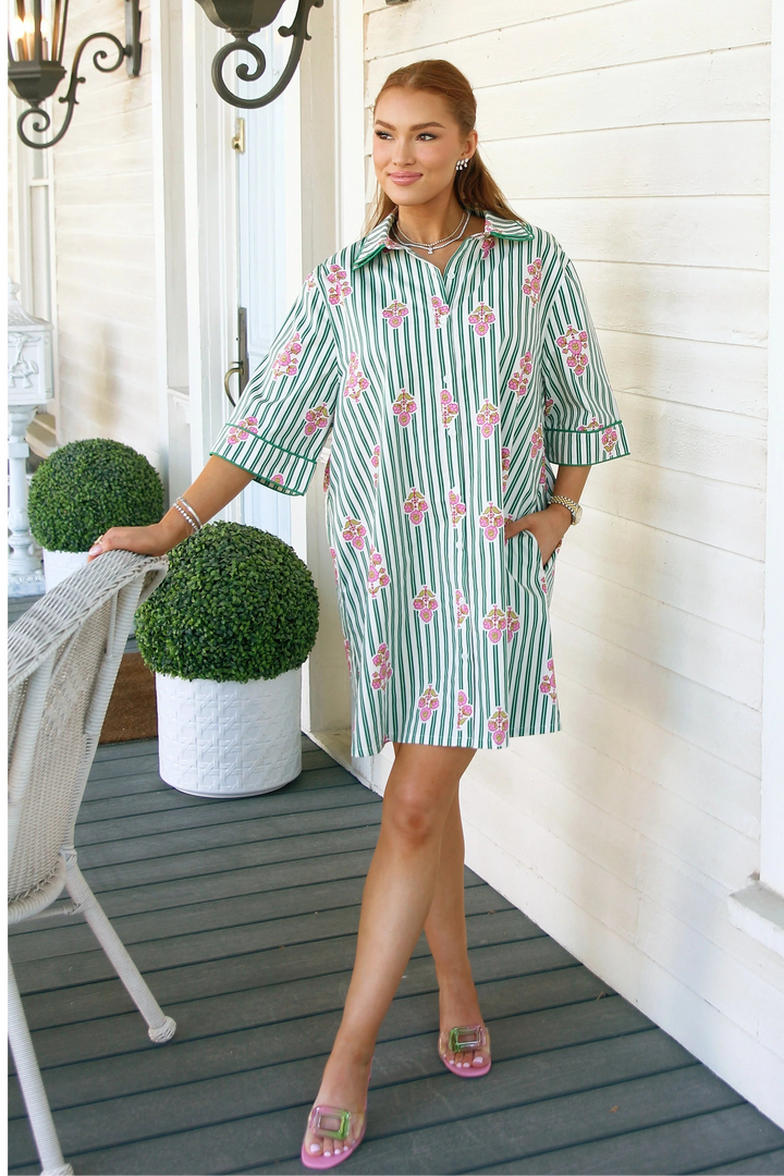 Karlie: Stripe Floral Shirt Dress Piping