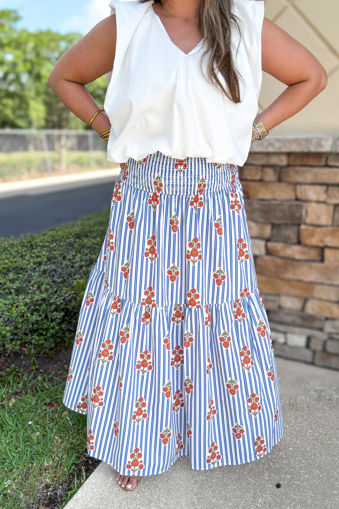 Karlie: Stripe Floral Smock Tier Maxi Skirt - Blue