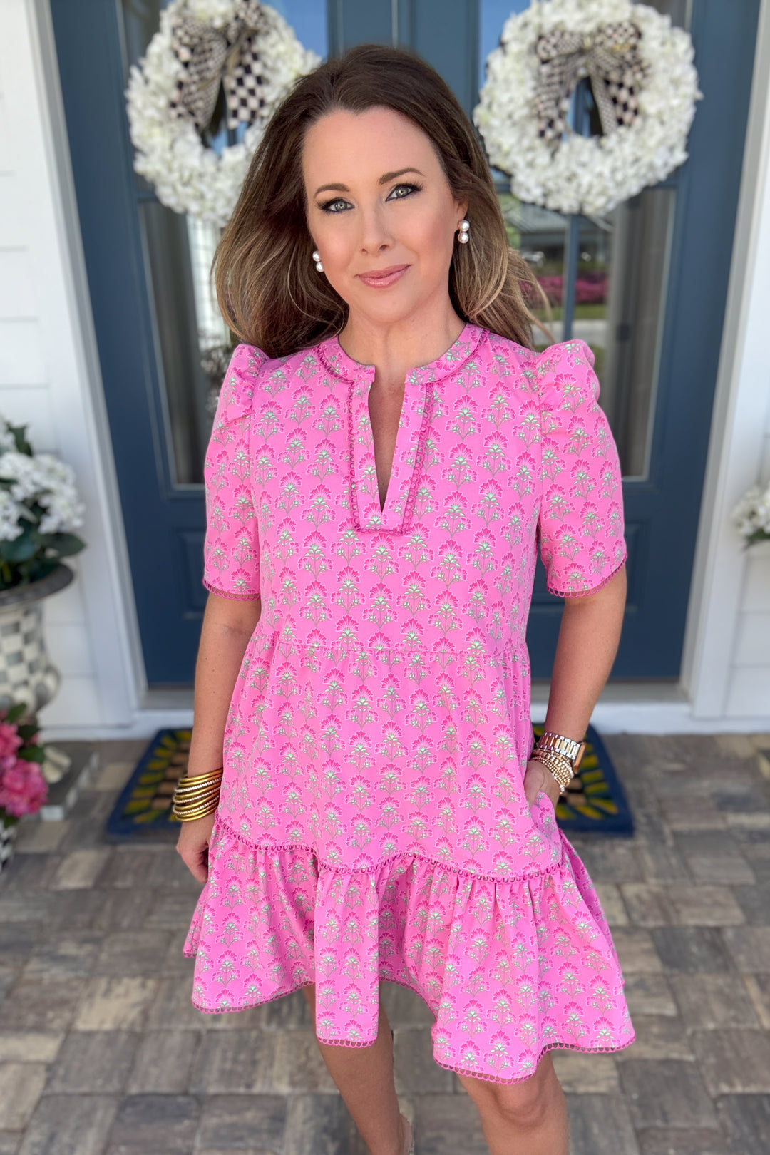 Mary Square: Adelyn Dress - Deco Lilies Fuchsia