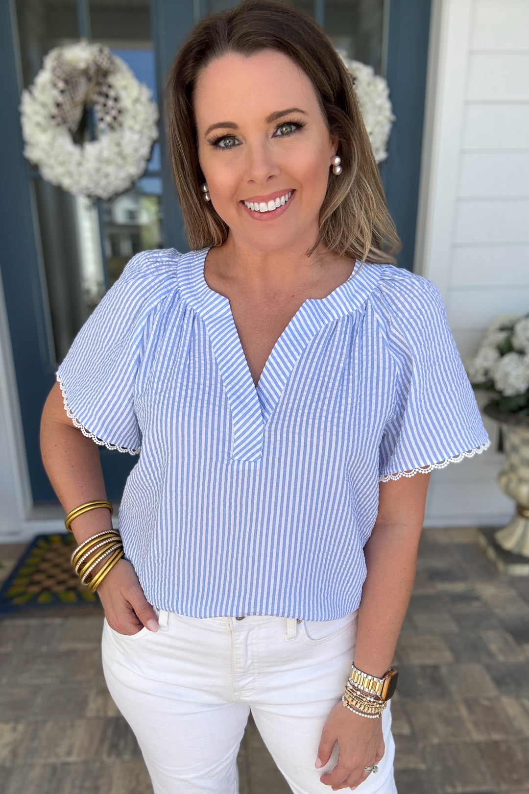 Mary Square: Lori Top - Blue + White Seersucker