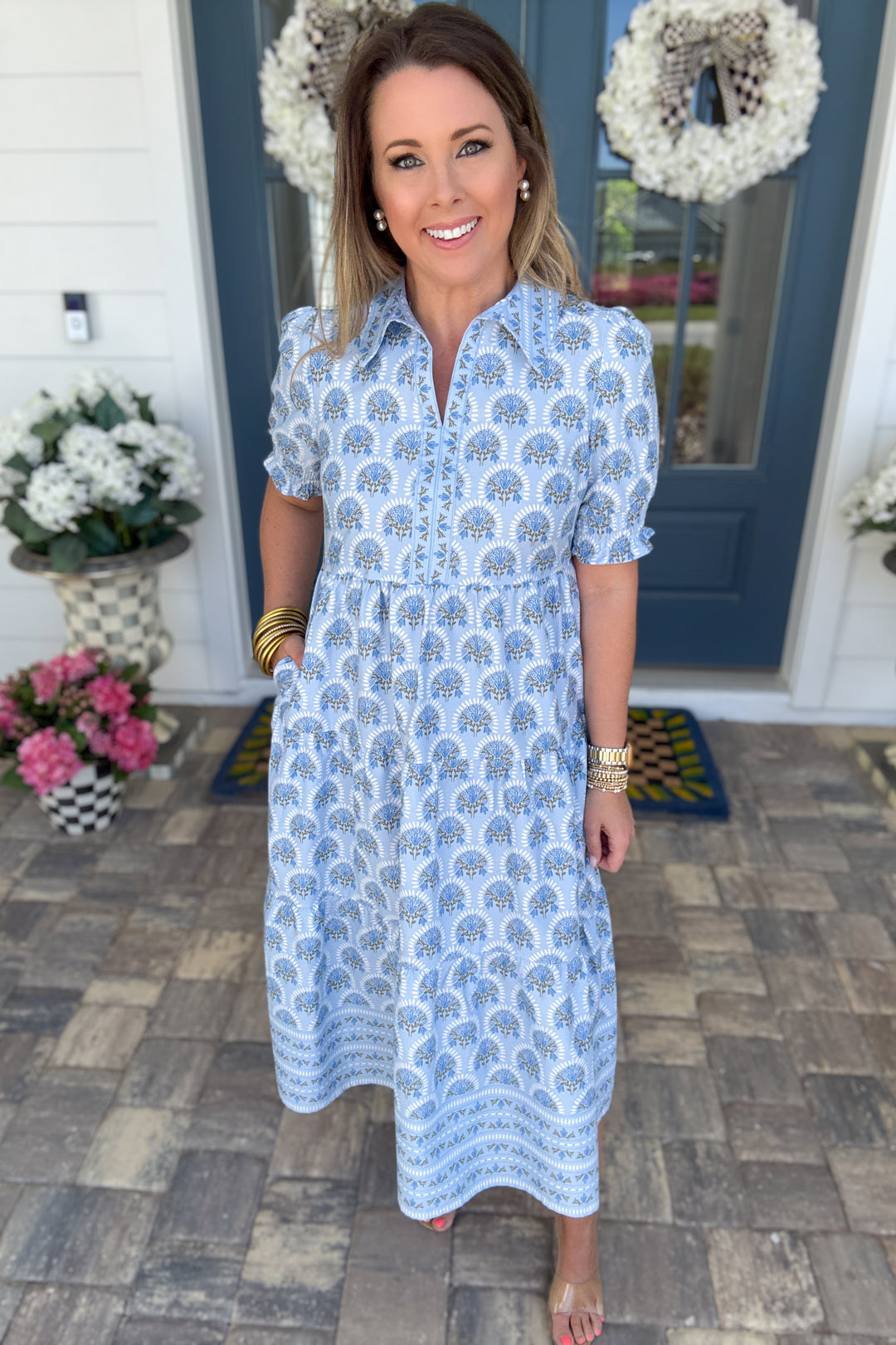 Mary Square: Molly Midi Dress- Sunshower Flora Blue