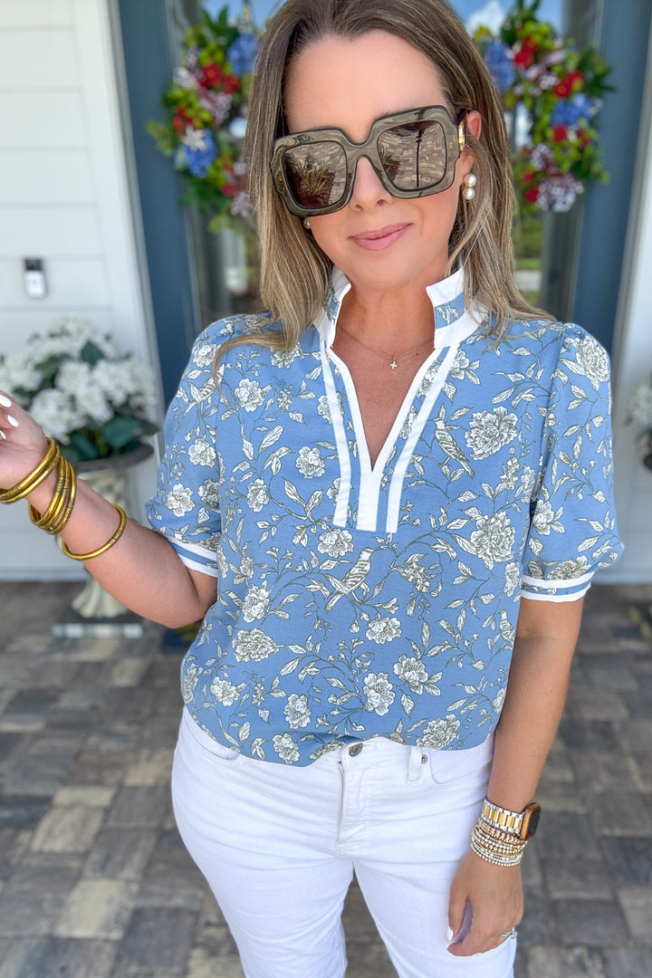 Mary Square: Tricia Short Sleeve Top - Song Bird Blue