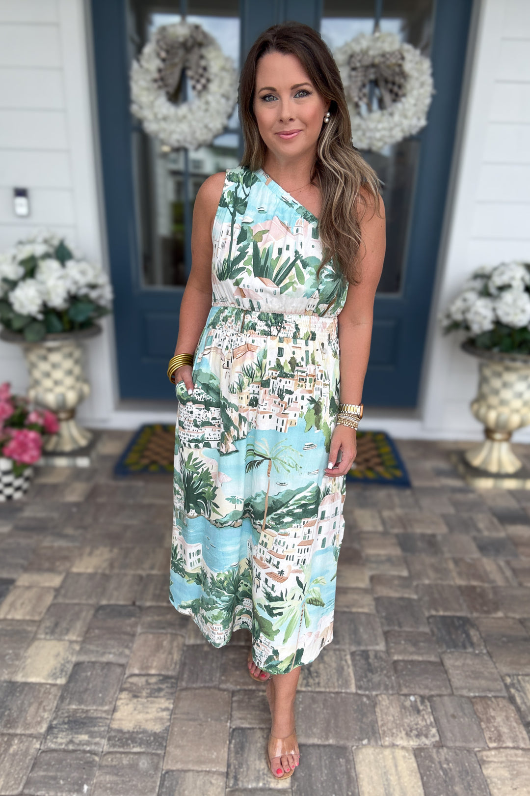 One Shoulder Amalfi Coast Smocked Midi Dress -  AQUA