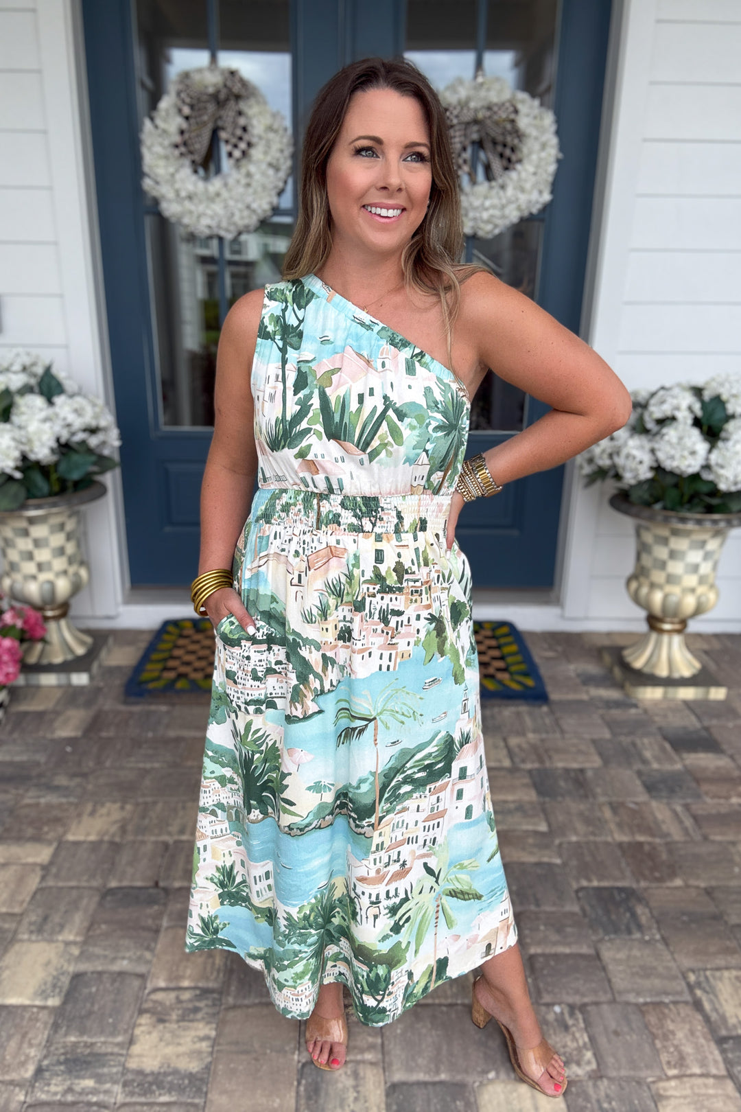 One Shoulder Amalfi Coast Smocked Midi Dress -  AQUA