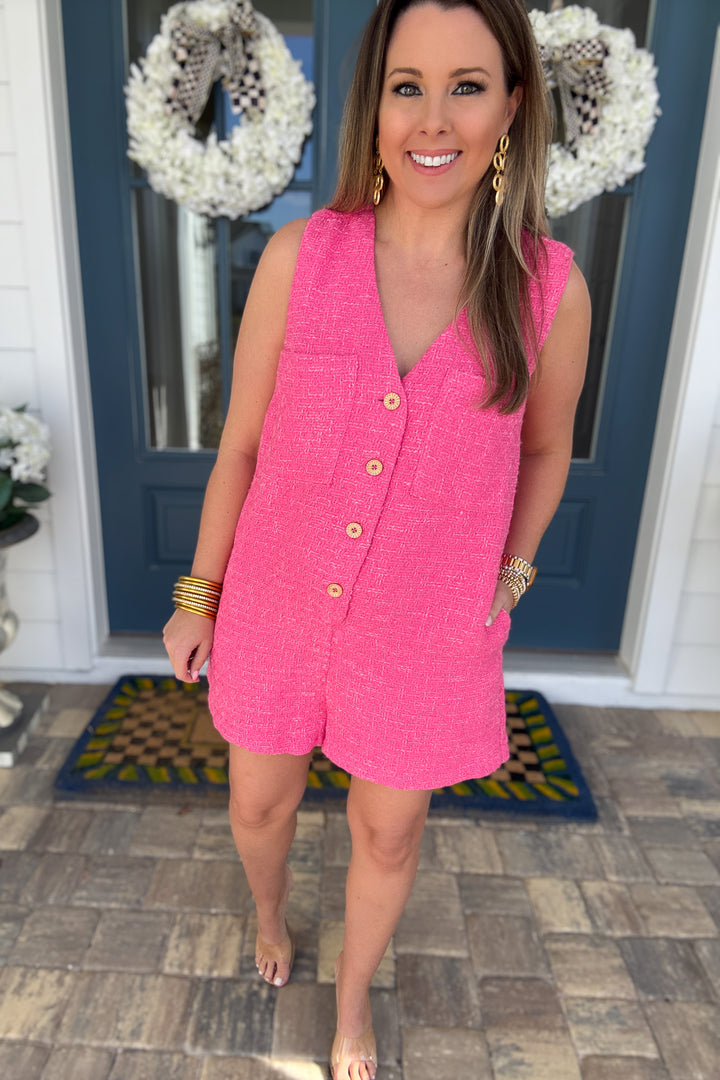 Pink Tweed Button Front Romper