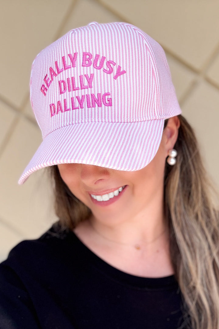 REALLY BUSY DILLY DALLYING Seersucker Stripe Hat: PINK