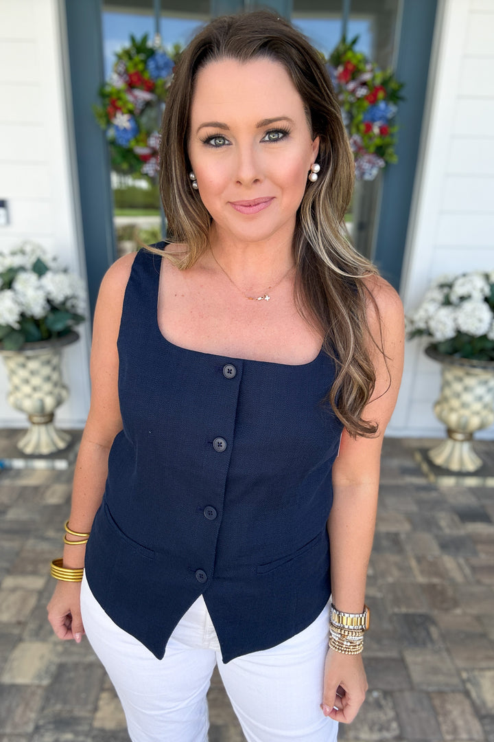 SPANX® EasyBreezy Cotton Linen Button-Down Vest - Navy