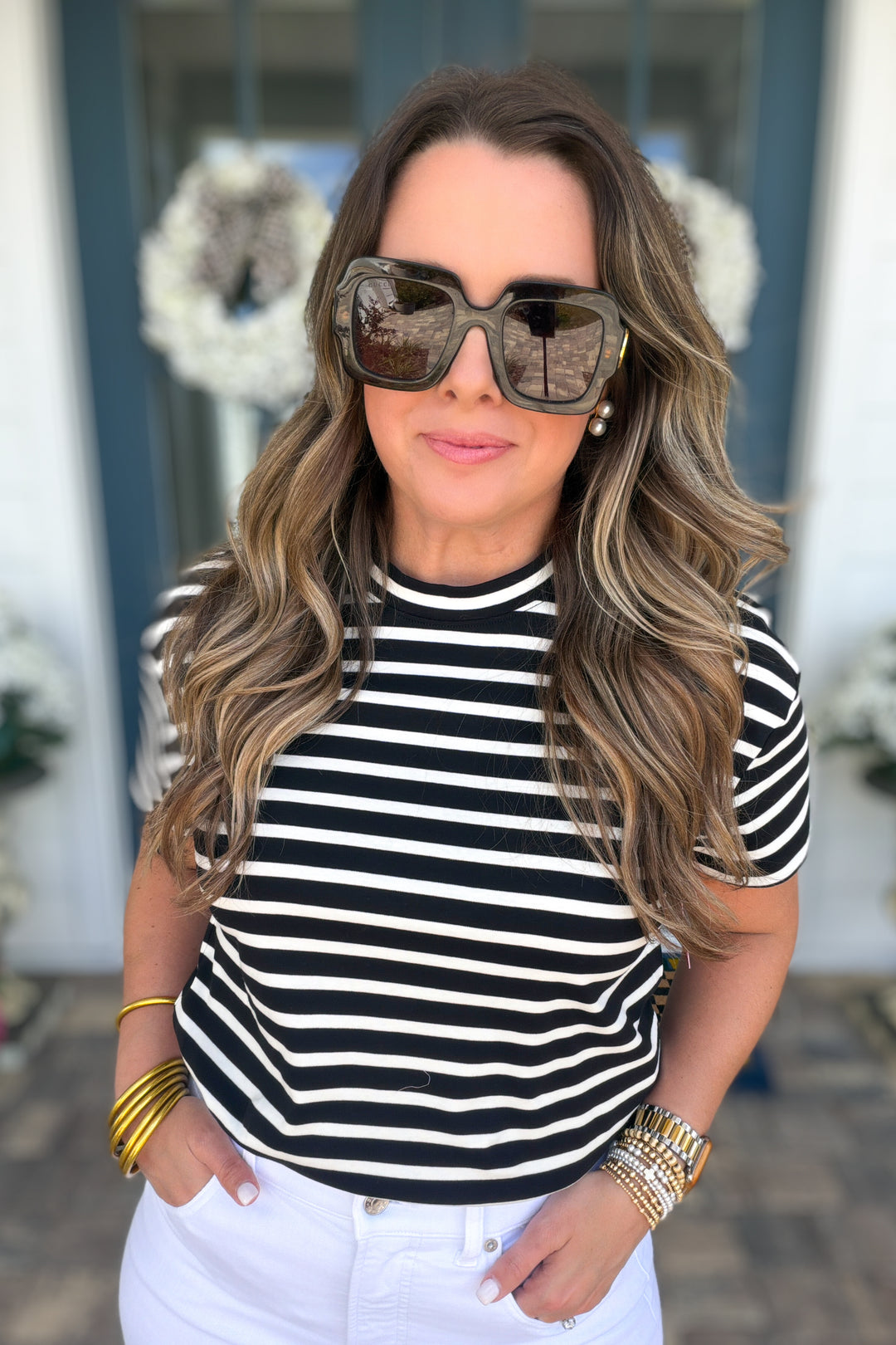 SPANX® Lightweight Cotton Crewneck Short Sleeve Bodysuit - Classic Black/Linen Stripe