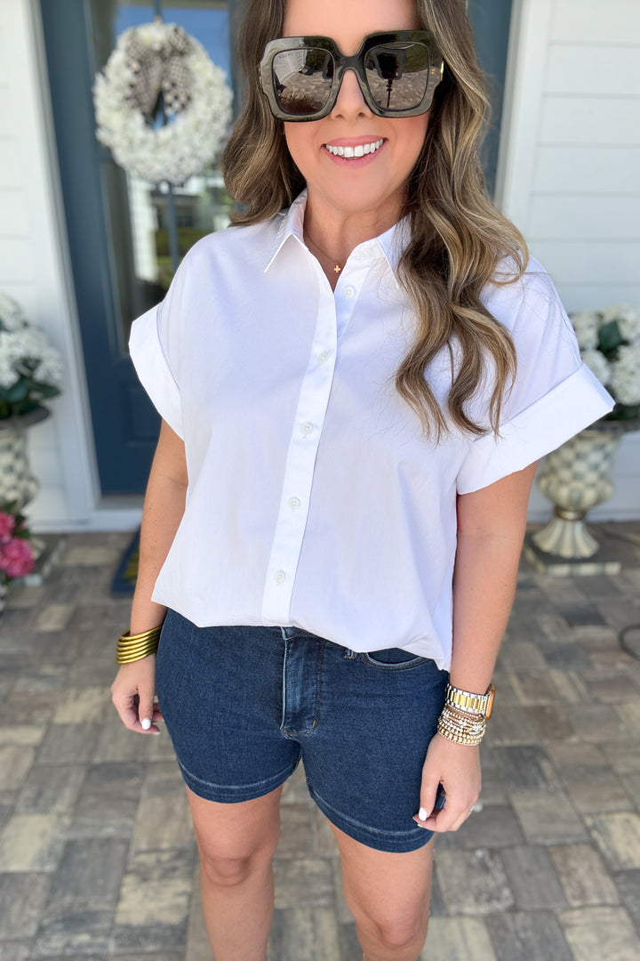 SPANX® Poplin Oversized Button-Up Short Sleeve Shirt - White