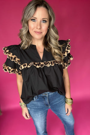 Scallop Meets Leopard Blouse - Black