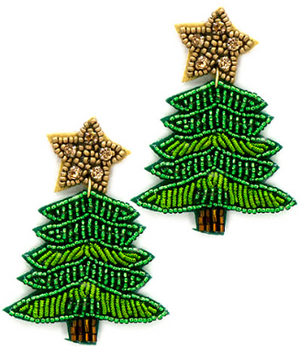 Beaded Green Christmas Tree Earrings