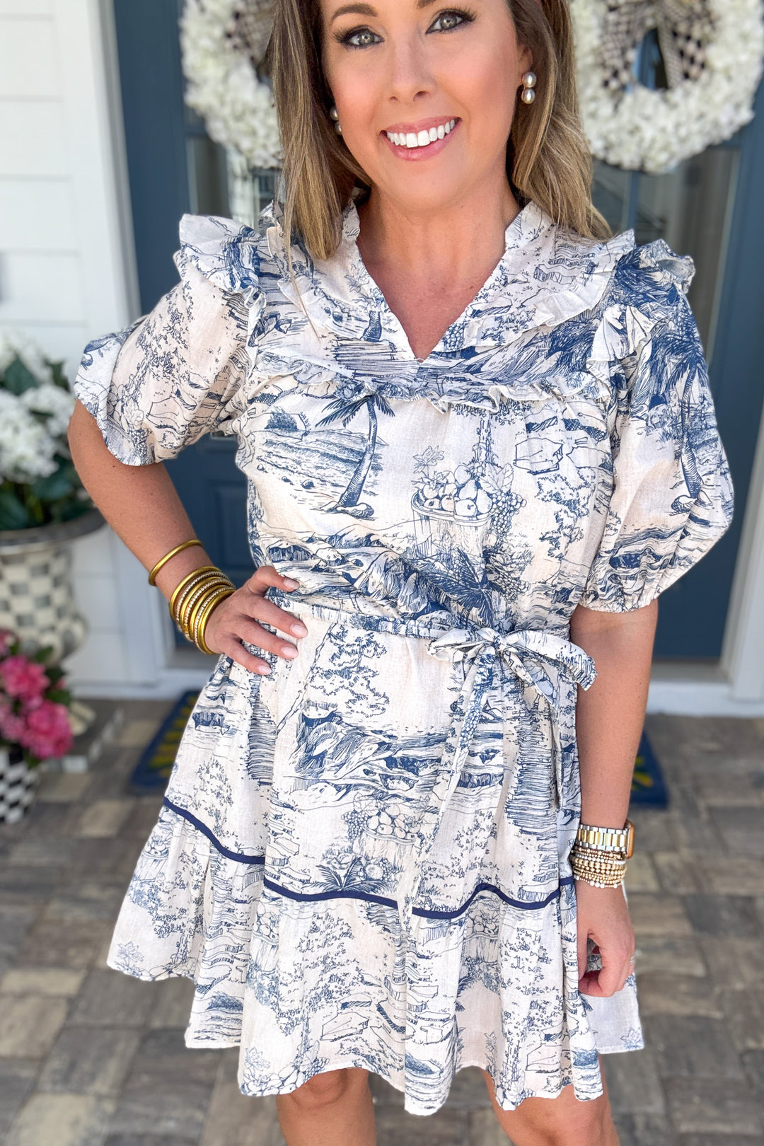 Seaside Toile Ruffle Dress - Navy