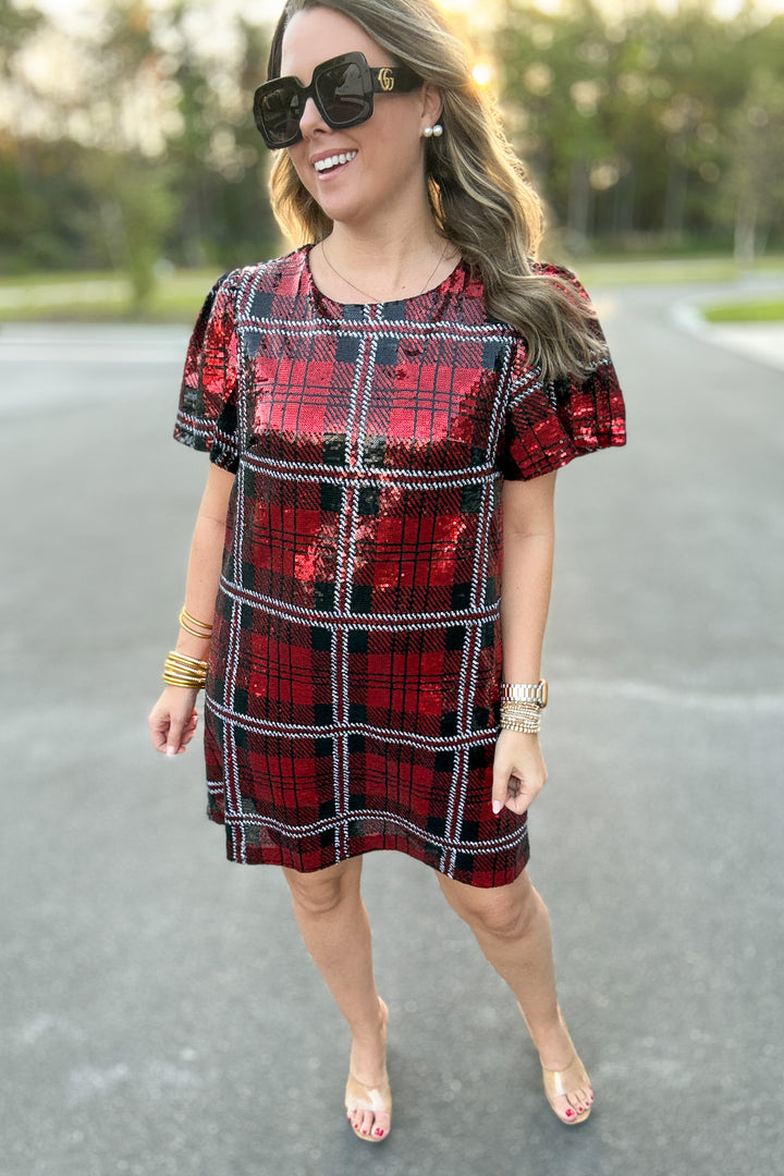 Sequin Plaid Mini Dress - Red