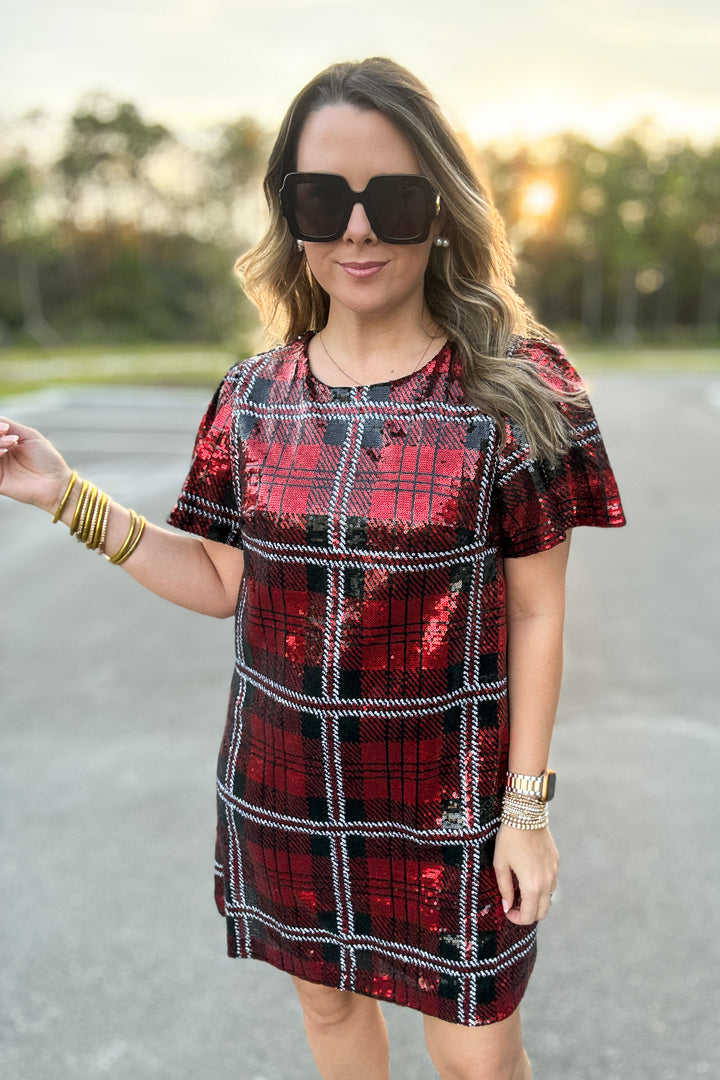 Sequin Plaid Mini Dress - Red
